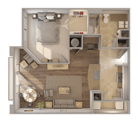 Floor plan for 1 bed, 1 bath, 728 sqft
